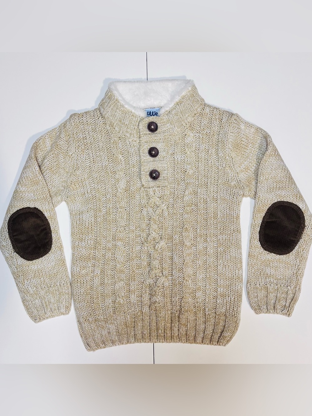 Little Boys Cream Cable-Knit Crewneck Sweater with Elbow Patches